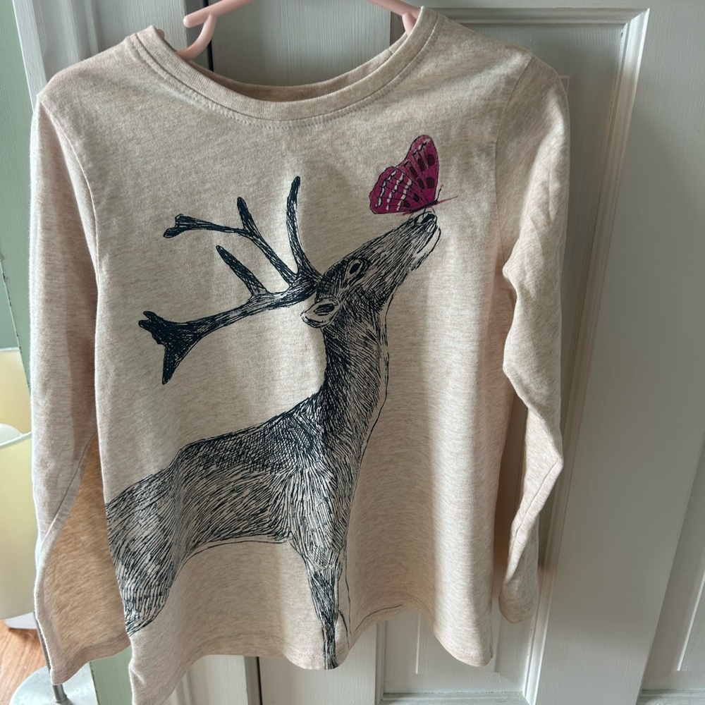 Tea Collection Beige Long Sleeve Shirt with Deer and Heart Design